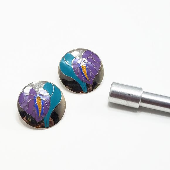 Vintage Laurel Burch "Antherium" Earrings, Rhodium Plated, 1980s Vintage Jewelry - Picture 10 of 10